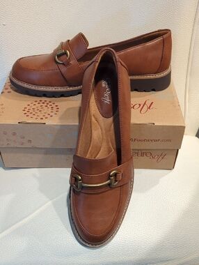 EuroSoft Women’s Tan Vegan Leather Slip-On Loafers with Metal Bit